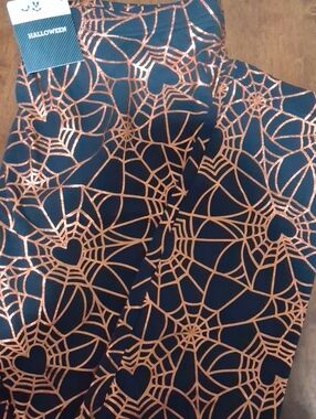 Halloween Kids Black Leggings with Metallic Copper Spiderweb Print
